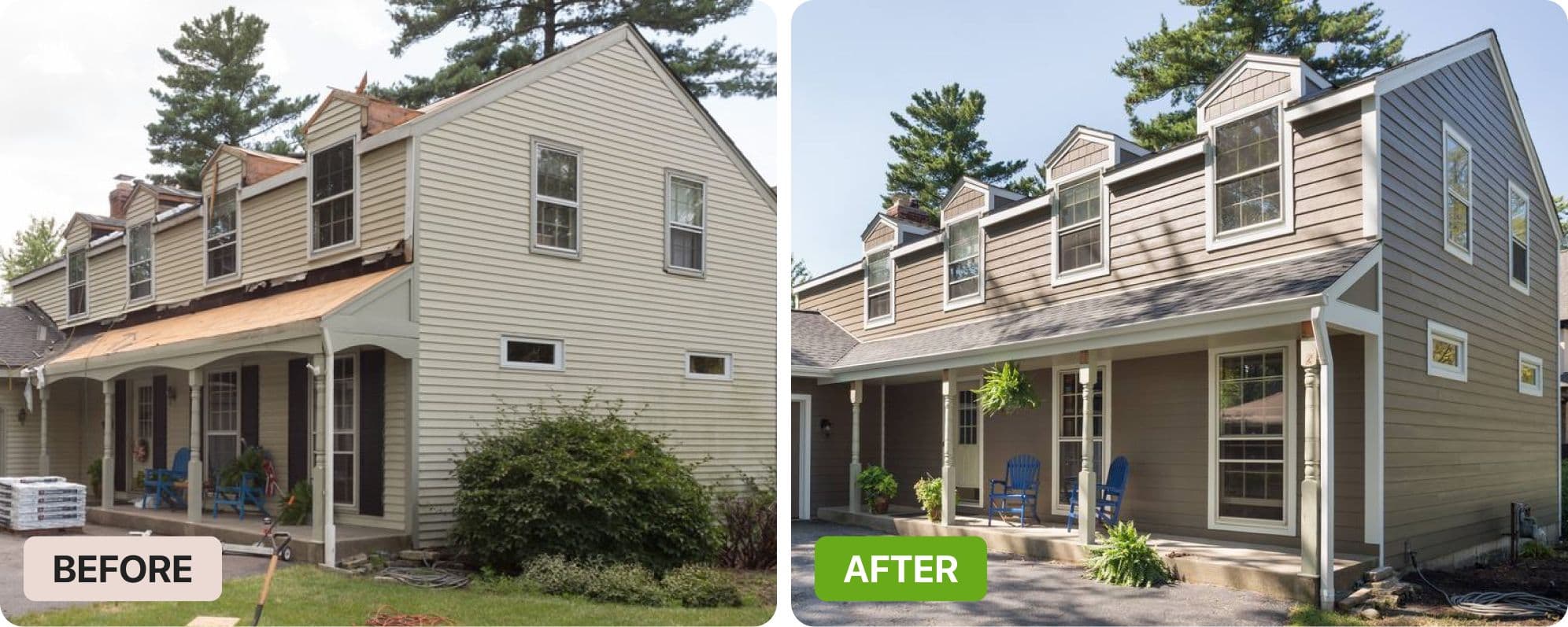 A home before and after its new siding